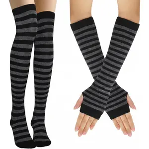 Women Striped Knee High Socks Leg Arm Warmer Fingerless Gloves Set for Halloween Cosplay