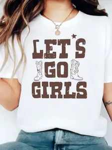 Tiktok Trendy Western Print T-Shirt, Vintage Cowboy Boot Pattern Casual Wear, Soft Breathable Fabric, Y2K Aesthetic Top for Everyday Style, Womenswear Graphic Fitted