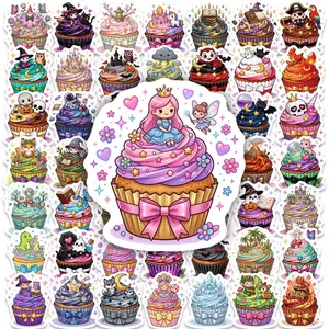 50 sheets creative cartoon magic cake stickers, cute and personalized cardboard cupcakes, waterproof decorative stickers