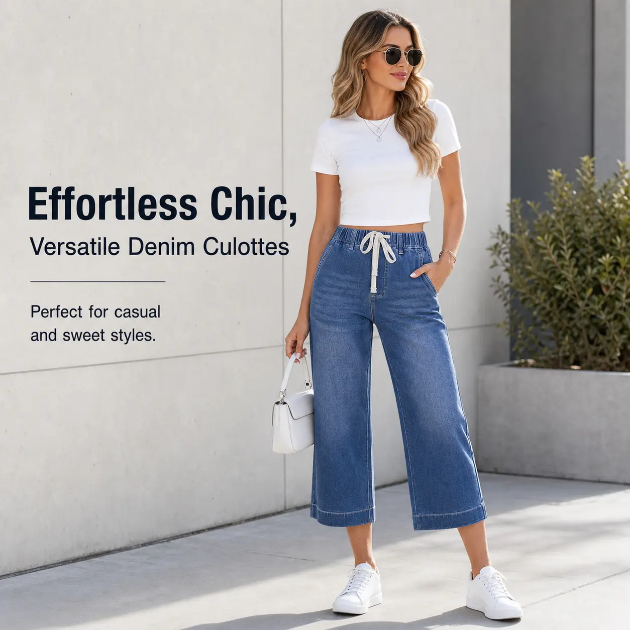 Luvlette Women's Soft Elastic Drawstring Waist Stretch Denim Culottes - 7/8 Cropped Wide Leg Basic Jeans with Pocket, Light Wash Everyday Minimalist Casual Trousers, Bottom