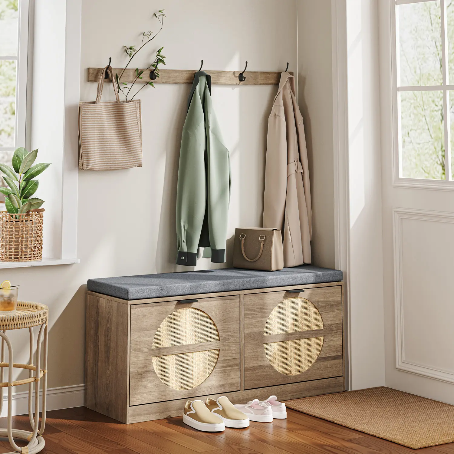 ABCASA 41.3" Multi-Functional Indoor Dual-Use Versatile Small Storage Bench, Entryway Rattan Shoe Cabinet with Coat Rack, Flip Drawer, Comfy Seating for Modern Apartments, Versatile Storage Benches, Dual-Use Storage Benches