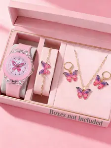 Cute Silicone Butterfly Glowing Quartz Watch Set, Butterfly Bracelet Necklace Earrings Jewelry, Best Birthday Gift for Kids