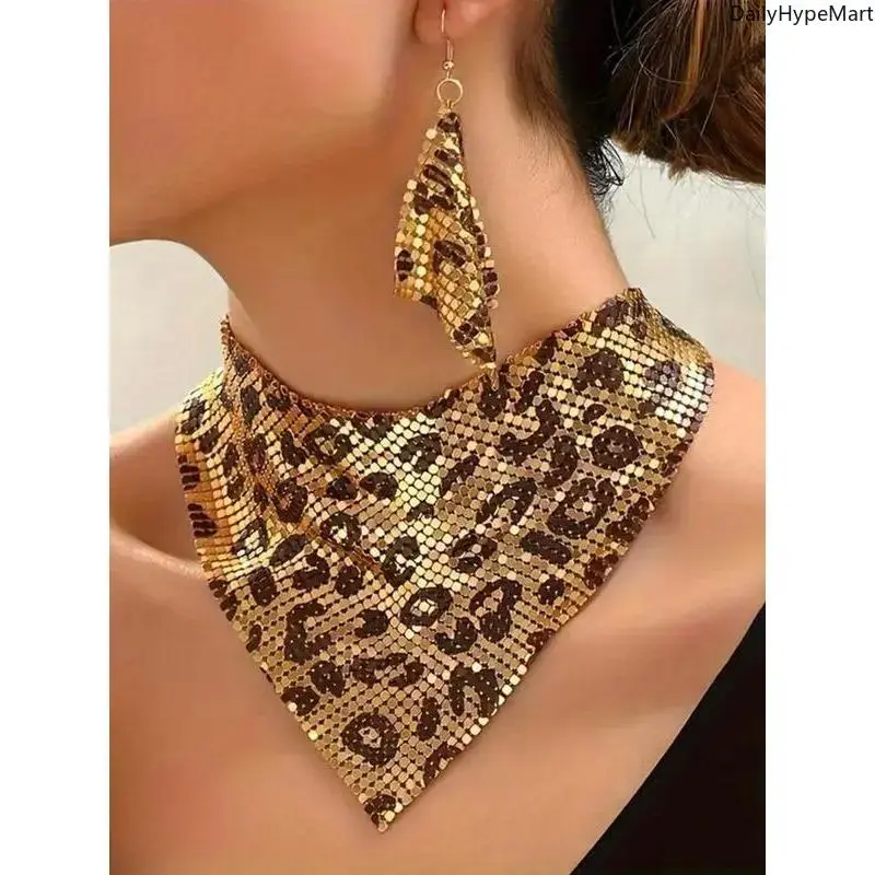 Leopard Print Jewelry Set for Women, Elegant Geometric 4-Piece Daily Fashion Set with Necklace, Earrings, Bracelets & Pouch, Accessory Set, Daily Fashion Jewelry Set