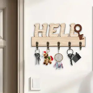 1pc"HELLO"Design Wooden Key Holder with Fvie Metal Key Hooks for Wall, Door, and Hat Bag, Perfect Housewarming and Realtor Gift, 13.7x5.9inch