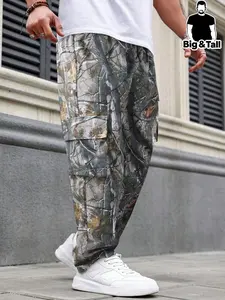 Men's Plus Size Plaid Print Drawstring Waist Cargo Pants, Casual Elastic Waist Flap Pocket Trousers for Outdoor, Fashion Loose Men's Plus Bottoms for All Seasons