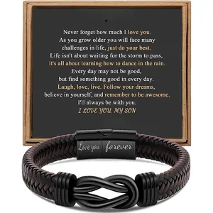 Gift for Men Infinity Bracelet for Men Dad Husband Boyfriend Son Grandson Brother Nephew Uncle Brown Braided Leather Forever Linked Together Stainless Steel Engraved with Love You Forever Jewelry 7.5 | 8.5 | 9 Inches