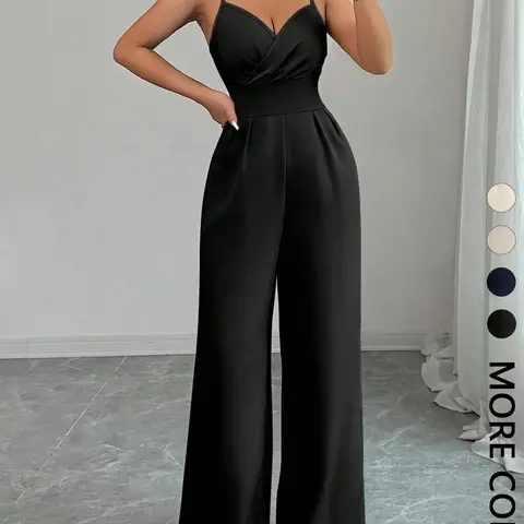 Women's Sleeveless Jumpsuit, Cross V-Neck Wide Leg Pleated Fitted Waist, Thin Transparent Summer, Fashionable, Chic and Comfortable Womenswear, Elegant Fashion Jumpsuit, Romper Jumpsuit, Sleeveless Overalls