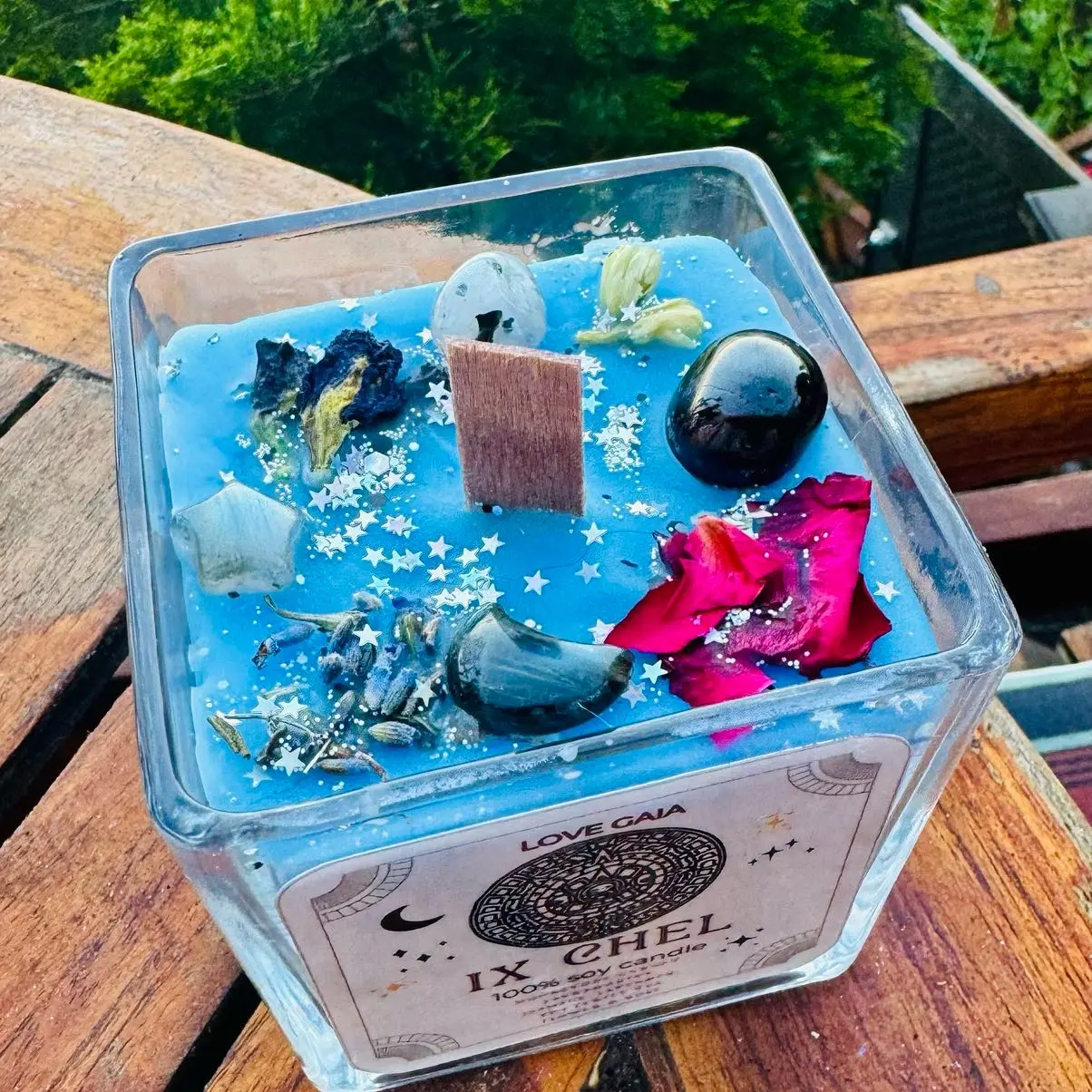 Ix Chel Goddess Candle with Garnet, Moonstone, Labradorite & Herbs - Home Decor - Candles