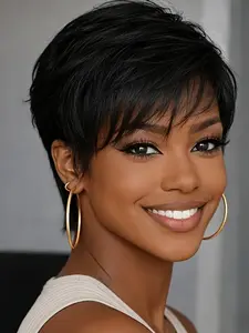 Short Curly Wig Human Hair for Women Pixie Cut wigs Human Hair with Bangs Natural Black Full Machine Made for daily use Deep Curly Wigs