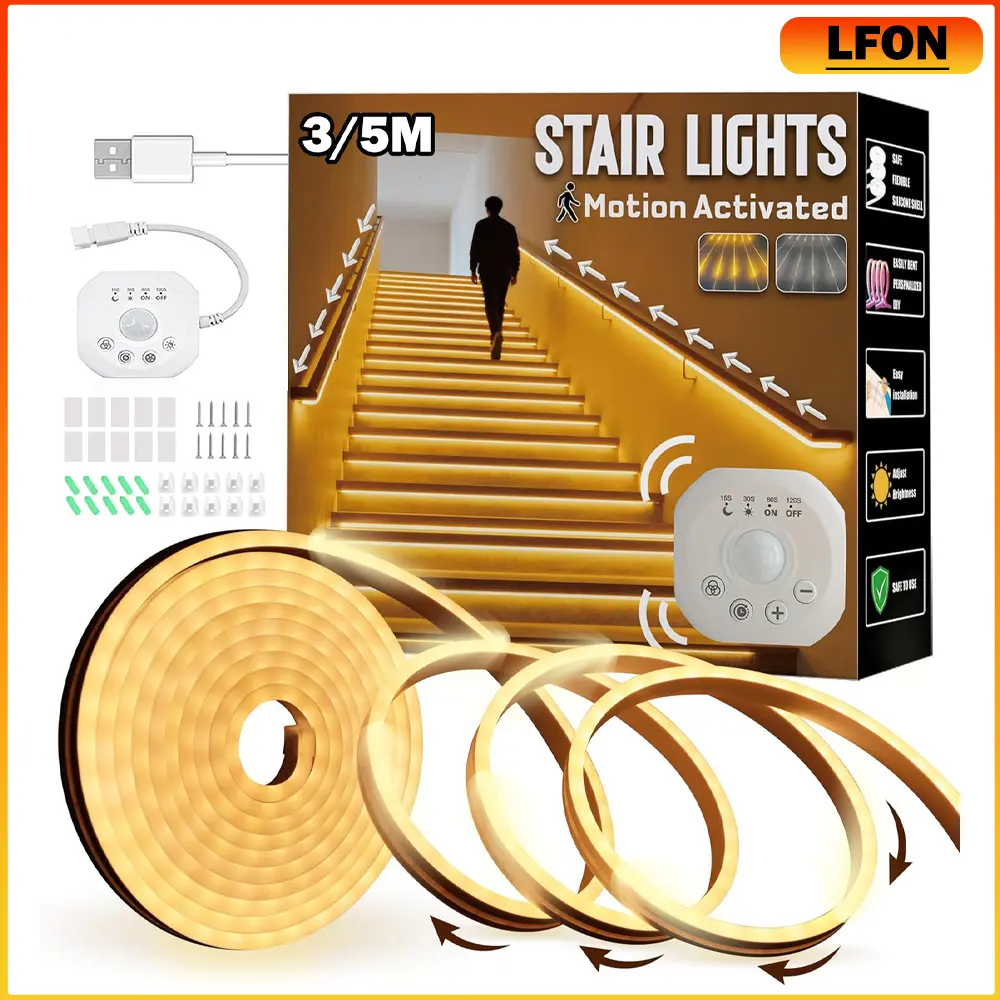 5V Motion Sensor LED Light Strip - Intelligent Auto-On for Seniors, Flow Effect, 9.84ft/16.4ft Options, Warm White/White, Indoor Home Improvement Neon Glow for Stairs, Book Lights Compatible lights for bedroom