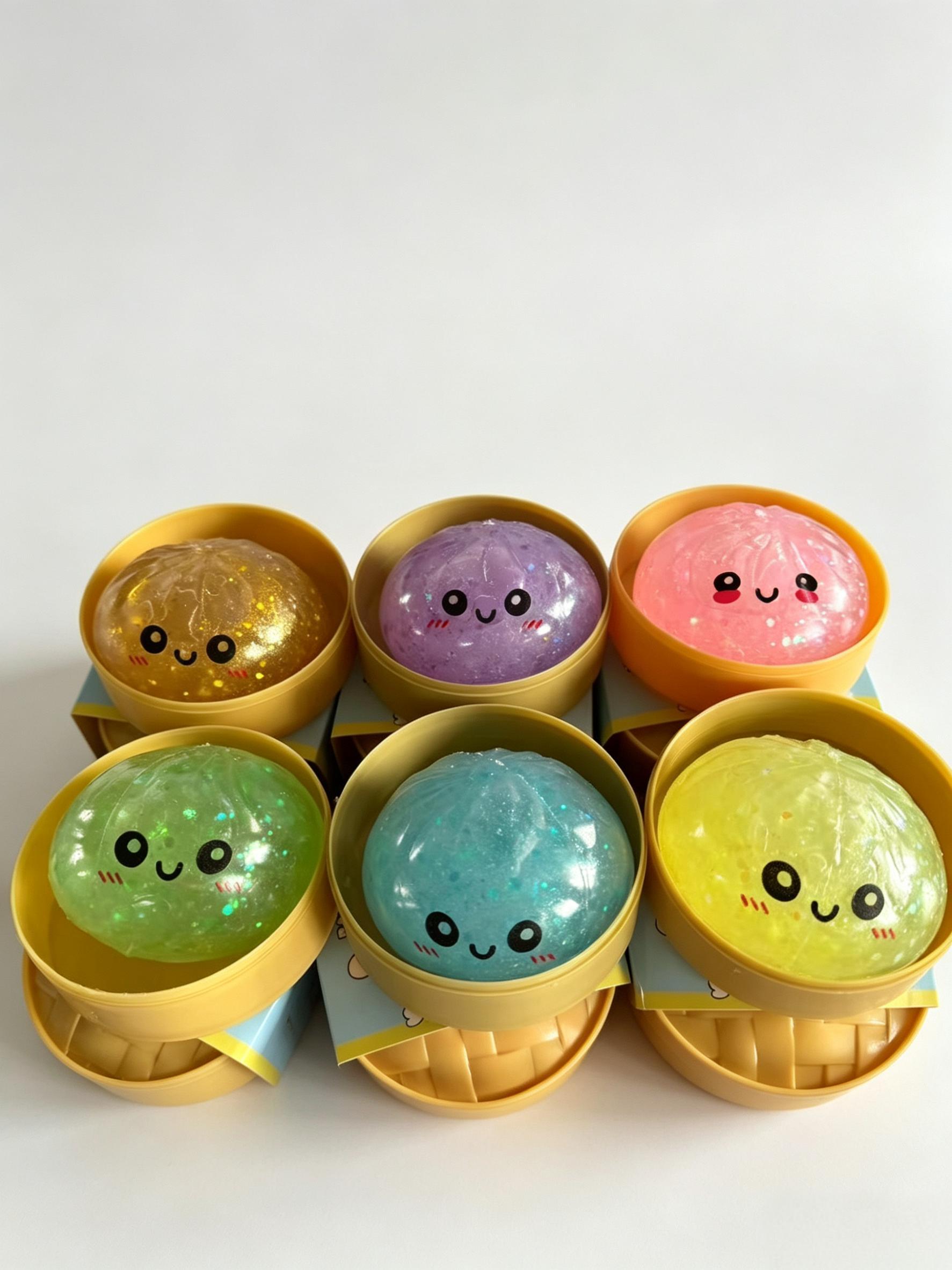 Glitter Dumpling Squishy Toy with Simulation Steamer Box, Soft Elastic Squeeze Fidget Toy, Cute Aesthetic Decor for Kids and Party Gift