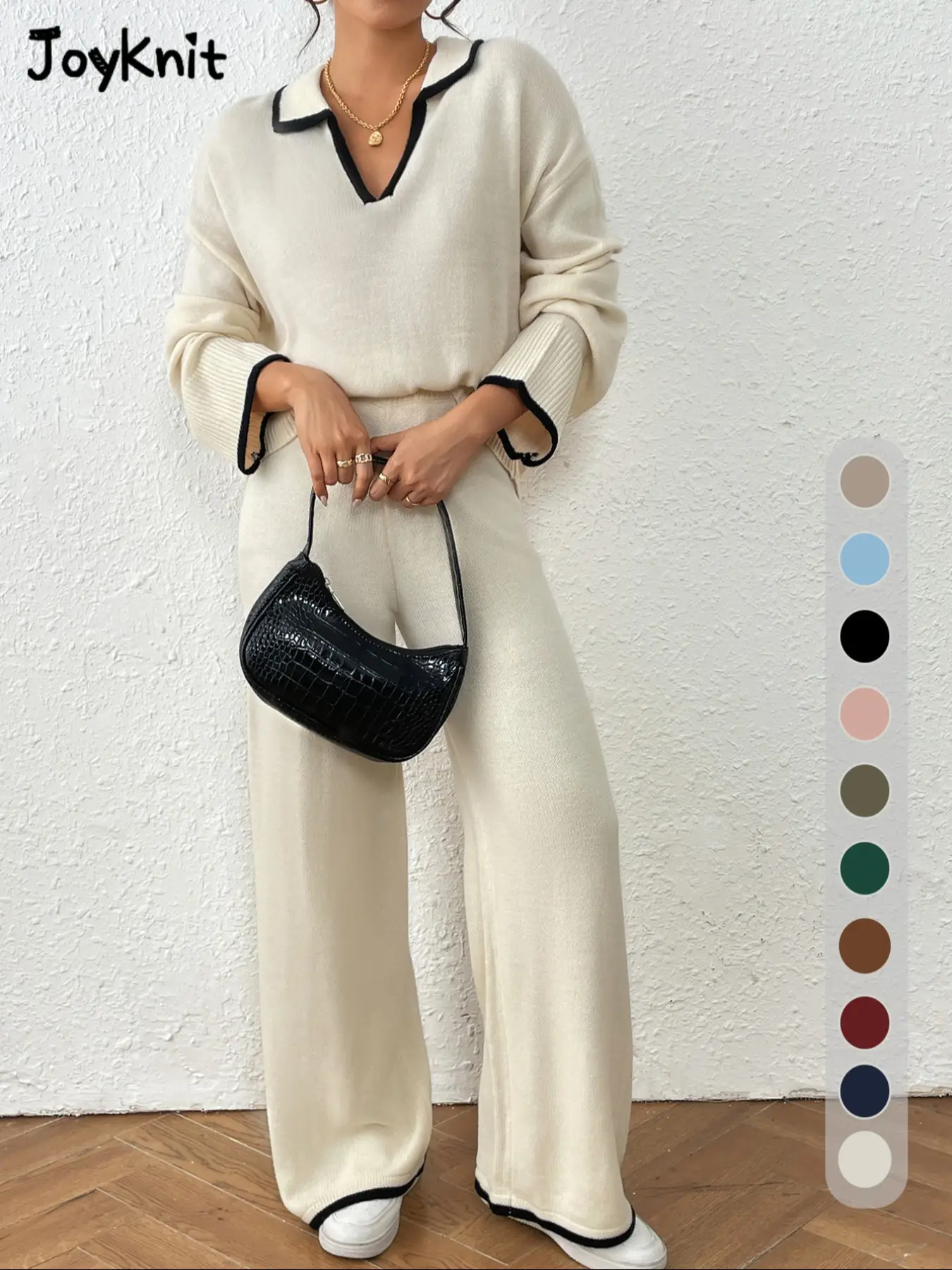 Two-Piece Set Women's Contrast Binding Drop Shoulder Sweater & Straight Leg Pants Set, Casual Fashion Cozy Knitwear Set for Daily Outdoor Wear, Women