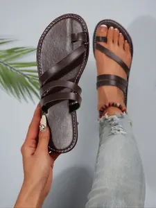 Women's Toe Ring Flat Sandals, Casual Open-Toe Slip-On Non-Slip Slippers, Outdoor Beach Shoes, Minimalist Style, All Seasons