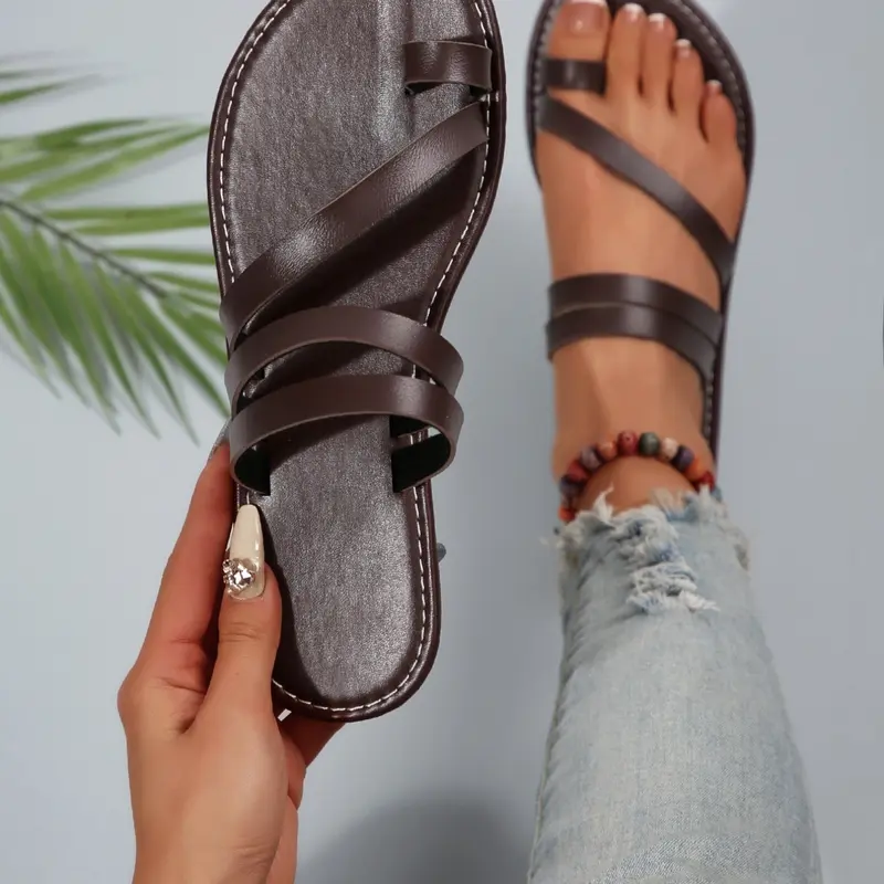 Women's Toe Ring Flat Sandals, Toe Ring Slides, Casual Open-Toe Slip-On Non-Slip Rubber Slippers, Outdoor Beach Shoes, Footwear for Beach, Minimalist Style, All Seasons