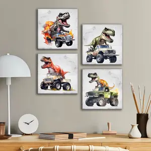 4-count wooden frame canvas, watercolor-style Tyrannosaurus rex and off-road vehicle-themed children's room poster, Dinosaur Themed Design, living room and bedroom decoration, waterproof art