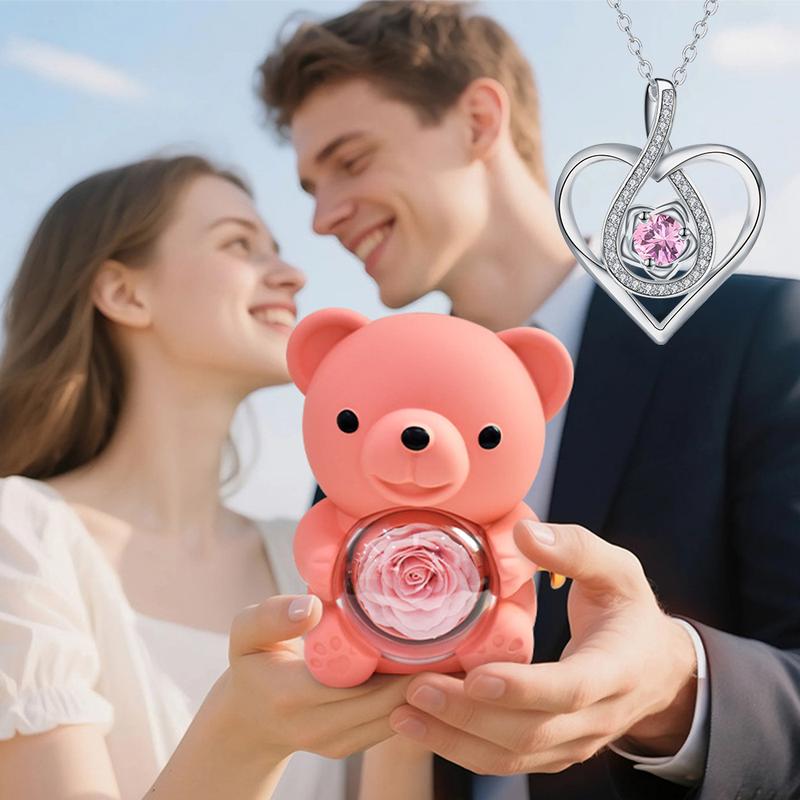 The Cutest Red Rose Bear with Heart Necklace – Elegant Flower & Rhinestone Design, Perfect Gift for Mom, Wife, or Girlfriend on Birthday, Anniversary, or Holidays (Thanksgiving, Christmas, Halloween)