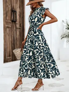 A women's fashionable Womenswear printed ruffled puff sleeve stand collar tie-up fairy dress, suitable for summer, beach vacations, dates, gatherings, and other casual occasions.