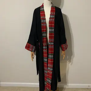 Black Suede Robe Abaya with Red Traditional Arab Embroidery