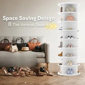 8 Tier Rotating Shoe Rack, Shoe Tower Organizer with 4 Universal Casters, Spinning Lazy Susan Display Storage Rack Round Carousel Vertical Handbag Closet (White, 23.6’’×23.6’’×72’’)