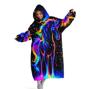 Hooded Blanket, Wearable Blanket, Digital Print Flannel Blanket Soft and Warm Blanket, Soft Comfy Blanket with Neon Unicorn Pattern Sofa Throw Blanket, Home Relaxation Blanket, Air-Conditioned Blanket, Bed, Camping, Travel Holiday Gift