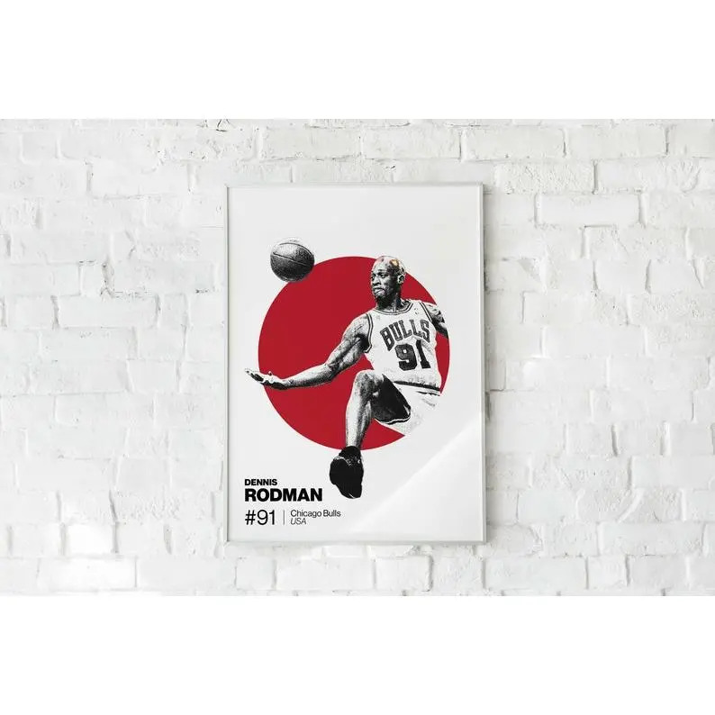 Dennis Rodman Poster: NBA Art for Basketball fans - Mid-Century Modern Office and Bedroom Wall Decor in Helvetica, printable, Chicago Bulls