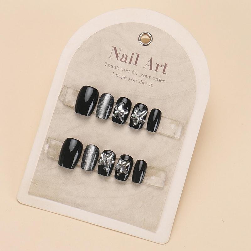Black Press on Nails Short Square Fake Nails with Cat Eye Designs Glitter Full Cover Nails Press ons Change Color Acrylic Nails Reusable Stick on Nails for Women 10 Pcs 01