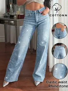 Women's High-Waisted Wide-Leg Jeans, Pants, Rhinestone Decorated Denim, Sparkly Effect, Elastic Waist with Pockets, Casual Fashion