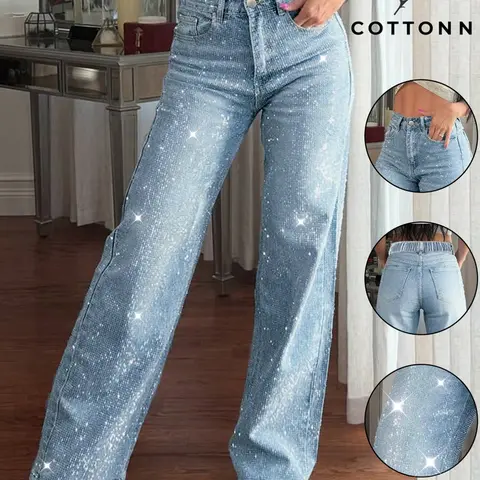 Women's Fashion High-Waisted Wide-Leg Jeans, Rhinestone Embellished, Sparkly Effect, Elastic Waist Light Wash Pants with Pockets, Casual Design Jeans