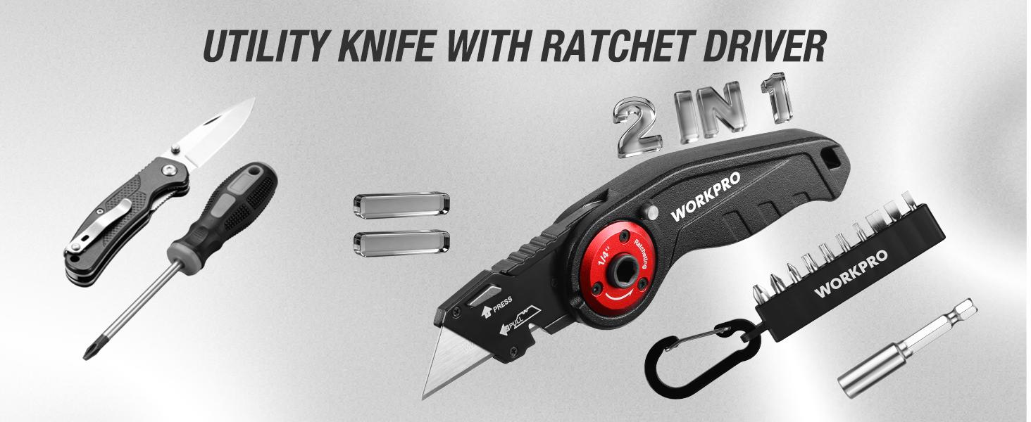 #fathersdaygift WORKPRO Folding Utility Knife, 2-in-1 Multitool Knife with Ratcheting Screwdriver, Box Cutter Quick Blade Change, EDC Heavy Duty Work Knife with Extra 10 Bit Sets and SK5 Blades