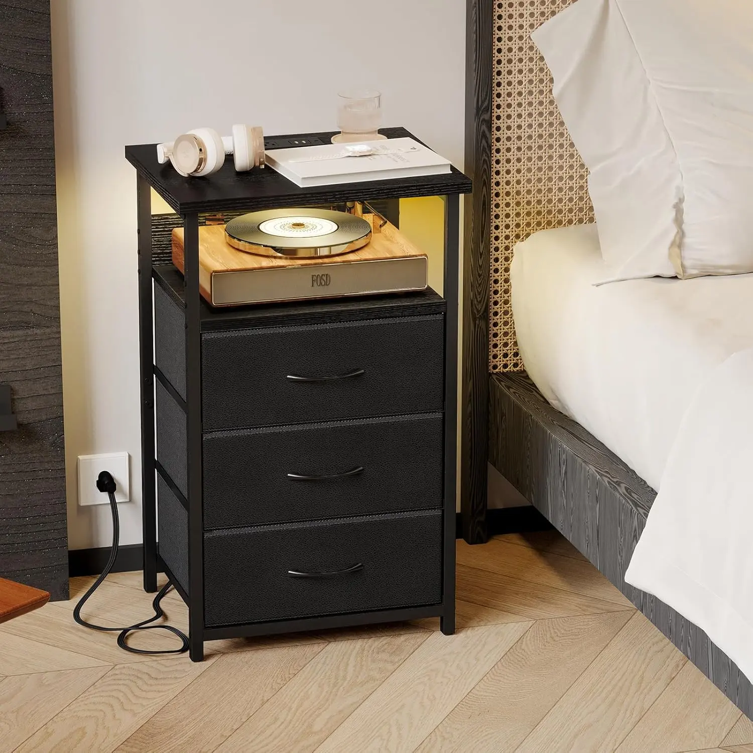 LED Nightstand with Charging Station – 3 Drawers, USB Ports & Outlets, App-Controlled RGB Lights. Your Modern Bedside Hub. (27.95”H)