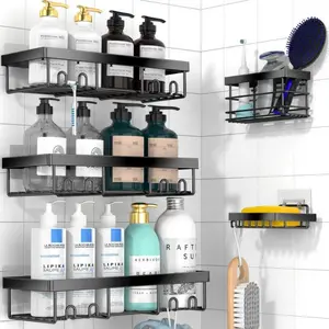 5-Pack Black Shower Caddy Shelves Set, No Drilling Bathroom Organizer,40lbs Load Capacity Towels Hook Toiletries Storage Rack,Rustproof & Waterproof Bathroom Storage Rack, Toiletries & Accessories with Removable Hooks,Home Essentials