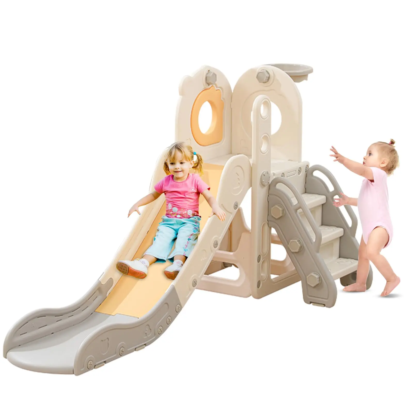 Freestanding Toddler Slide, 5 in 1 Kids Indoor Playset for Toddlers 1-3，L Shaped Slide with Basketball Hoop，Baby Climber for Indoor Outdoor for Boys and Girls Birthday, Sturdy Playground Toy