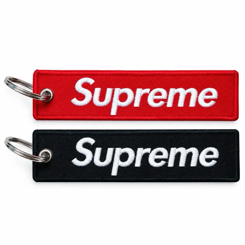 Supreme Embroidered Stylish Keychain - Red & Black Double-Sided Fabric Double-Ring Holder, Everyday Casual Streetwear Fashion Accessory, Custom Gifts for Car Keys/Backpack Charm