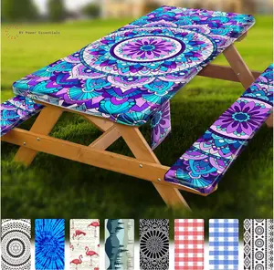 RV Power Essentials Fitted Waterproof Vinyl Picnic Table & Bench Cover Set Elastic Edge Spill Proof Easy Clean Design Perfect for RV Trips Camping Tailgates Outdoor Adventures