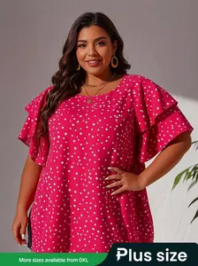 【Plus Size】 Polka Dot Print Casual Ruffle Blouse, Elegant Casual Shirt, Fashion Casual Round Neck Short Sleeve Top for Daily Outdoor Wear, Women Plus Clothing for Summer
