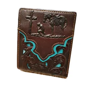 Praying Cowboy Western wallet genuine leather short bi-fold lasercut two color layered leather with religious theme.