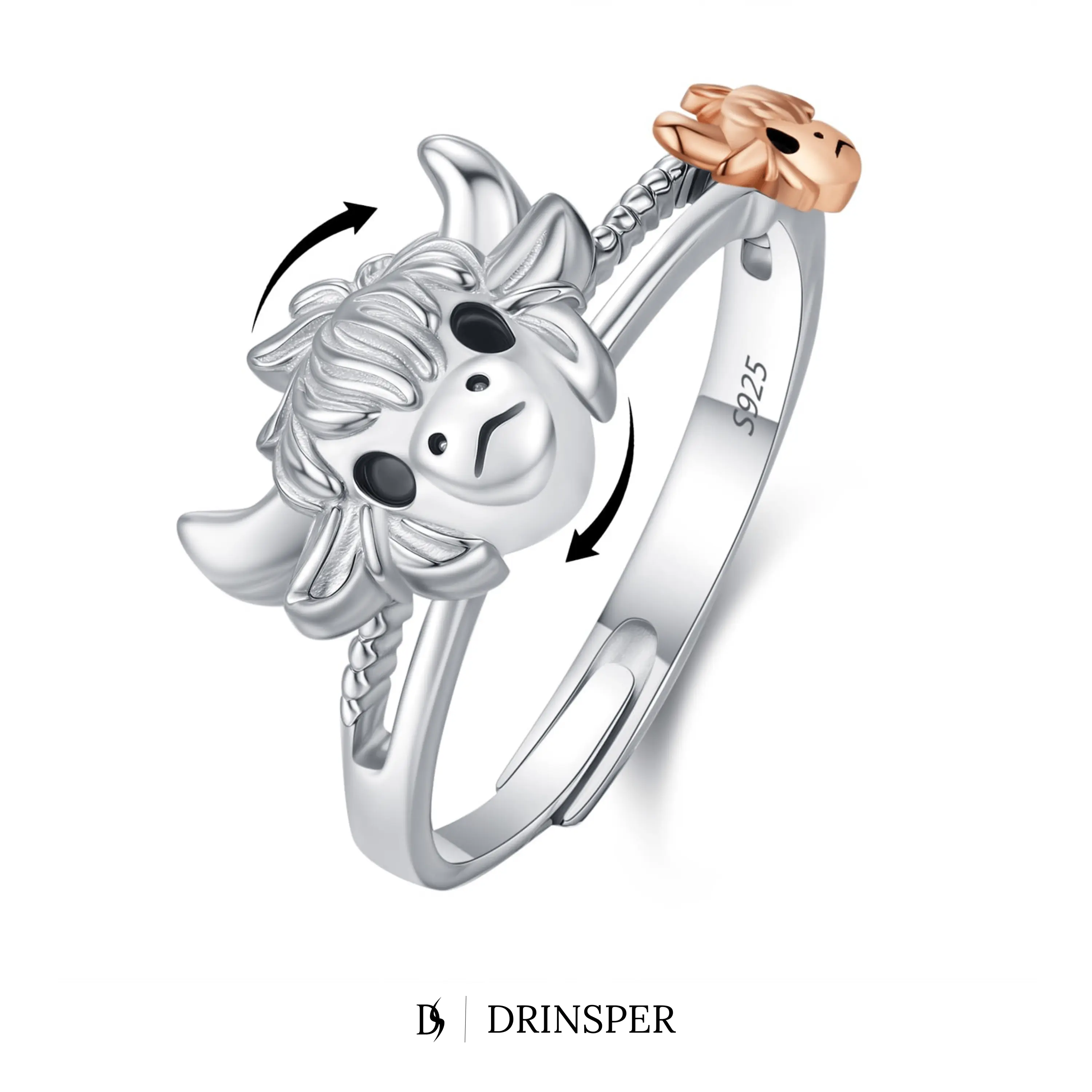 DRINSPER Highland Cow Adjustable Fidget Spinner Ring 925 Sterling Silver Anxiety Relief Cute Animal Cow Statement Ring for Women Men Teen Girls Gothic Viking Norse Jewelry Birthday Christmas Mother's Day Graduation Anniversary Gift for Cow Lovers