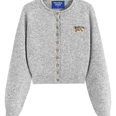 Aelfric Eden Dachshund Embroidery Cropped Round Neck Knit Cardigan Playful Dachshund Embroidery Cropped Silhouette Wooden Button Placket Blended Knit Fabric Women Vintage Cardigan,clothes for back to school,first day of school outfits