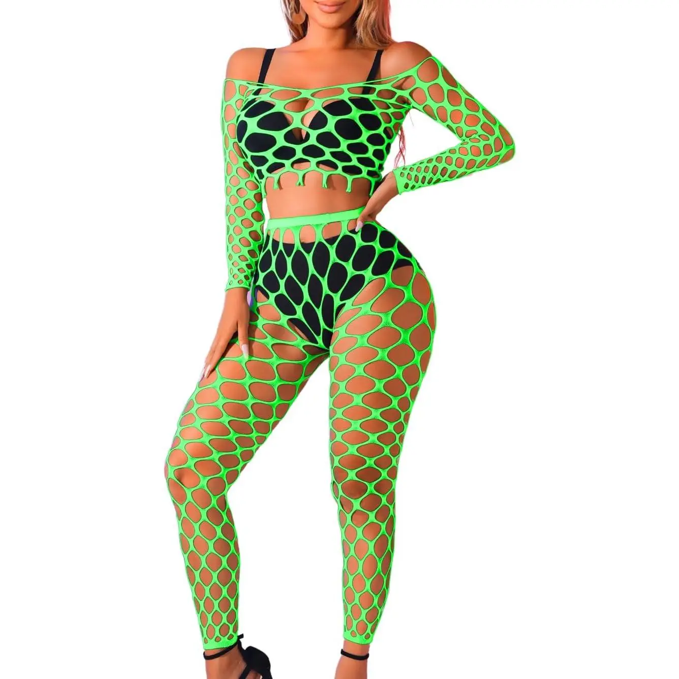 Sexy Fishnet Bodysuit Stockings,Hollow Out Rave Outfits,2 Piece Mesh Top Set,Club Outfit Exotic Dancewear Sheer Womenswear Breathable Check Clothes Costumes Cute Lightweight Lingerie