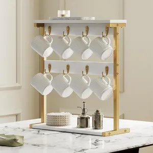 YATINEY Coffee Mug Holder for Counter, 2 Tier Mug Tree Rack, with 8 Hook and 2 Open Shelves, Vintage Mug Holder Stand for Home Kitchen, White and Gold