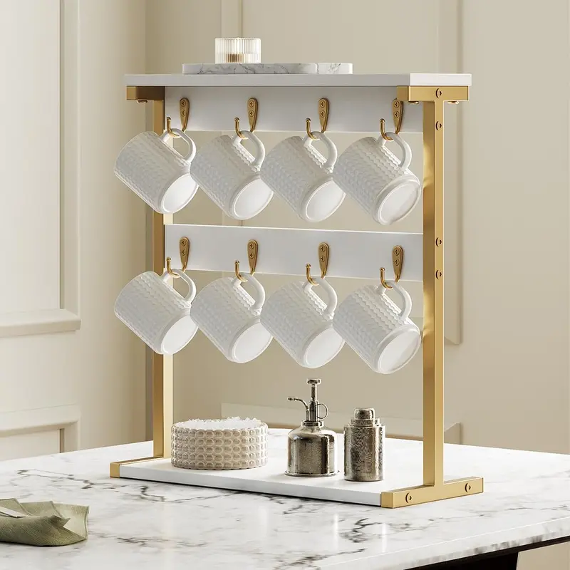 YATINEY Sturdy 2-Layer Coffee Mug Organiser, Countertop Mug Tree Rack with 8 Hooks & 2 Open Shelves, Space-Saving Vintage Stand for Home Kitchen, White & Gold #SummerVibes#DealsforYouDays #SummerGarden
