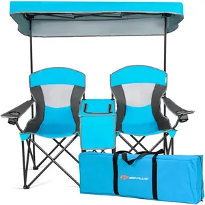 Double Folding Beach Chair with Adjustable Canopy Shade, Cooler Bag & Mini Table – Portable 2-Person Camping Chair with Cup Holders and Storage