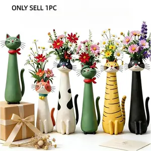 Handmade Fun Cat Vase, Cute Animal Resin Planter, Decorative Flower Vase, Bohemian Style Home Decor, Desktop and Bookshelf Decoration, Unique Gift for Cat Lovers