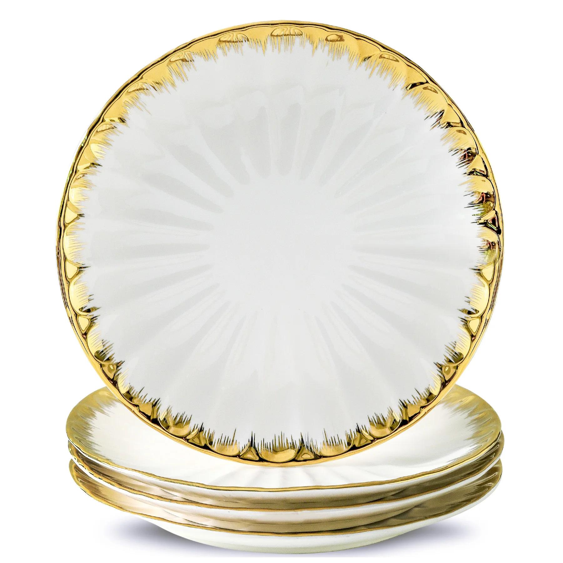 LETAOTAO Factory Supply Eco-Friendly Round White Porcelain Ceramic Steak Plate Dinner Set with Gold Rim