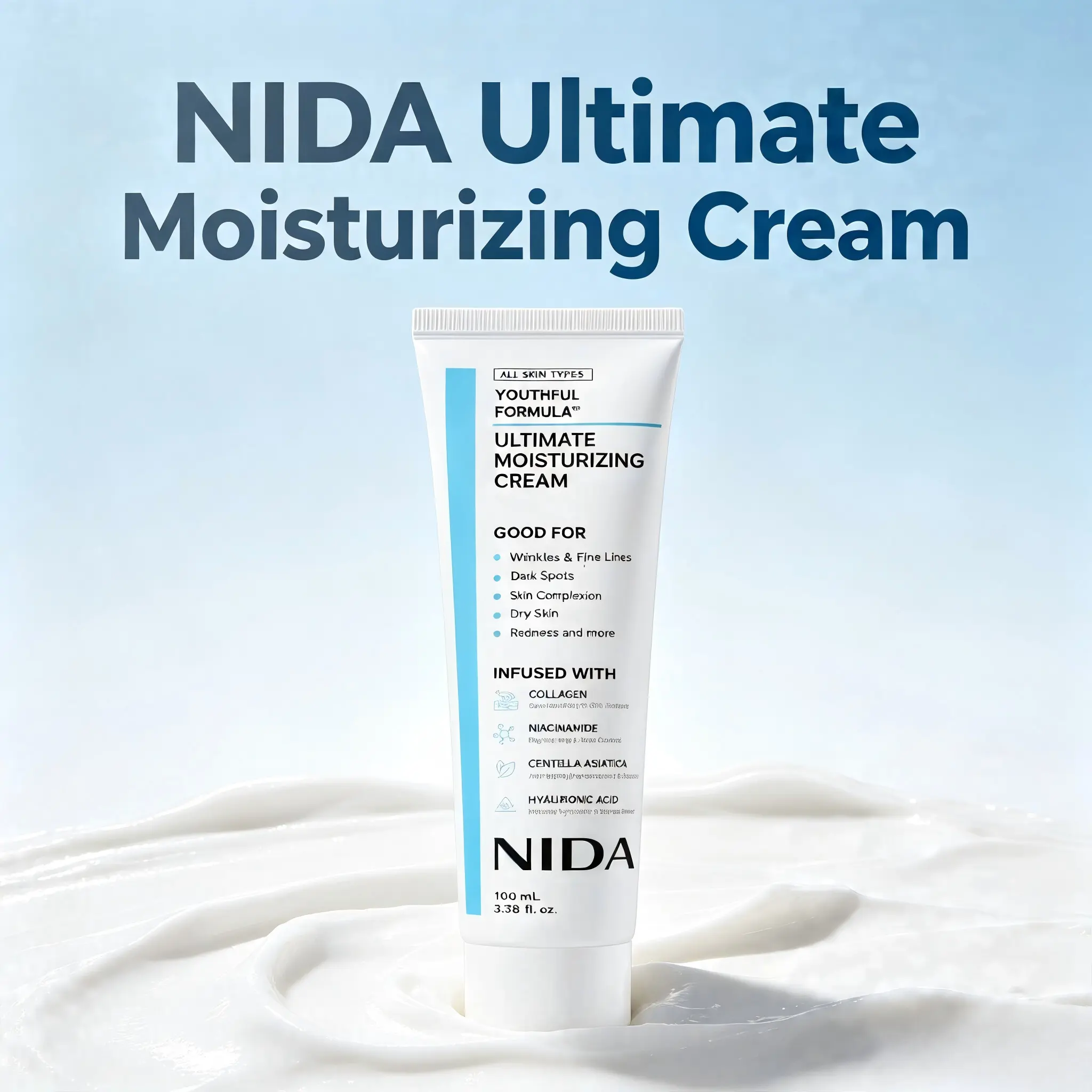 【Buy One Get One Free】 NIDA Ultimate Moisturizing Cream 2Pcs 100mL Youthful Formula Face Lotion, Collagen Niacinamide Centella Asiatica Hyaluronic Acid Hydrating Cream for Dry Red Sensitive Skin