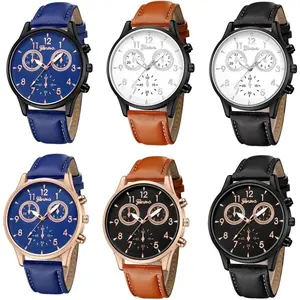 Men Fashion PU Leather Watch Casual Business Quartz Wrist Watches Wholesale 6 Pack