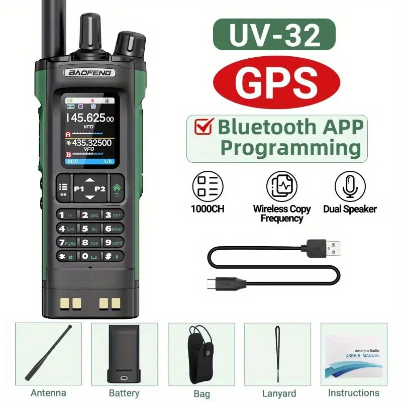 BAOFENG UV-32 GPS Walkie Talkie, 10W Multi-Band 2-Way Radio with GPS Location Sharing, Bluetooth APP Programming, Color Screen, Type-C Charging for Outdoor Adventures, Ham Operators