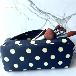 BLU MONACO Cute Makeup Brush Pouch - Blue with Cream Polka Dot Small Makeup Brush Bag for Women - Compact Cosmetic Brush Organizer and Travel Pouch - Toiletry Bag - Elegant Personal bag for Purse - 8" x 4"