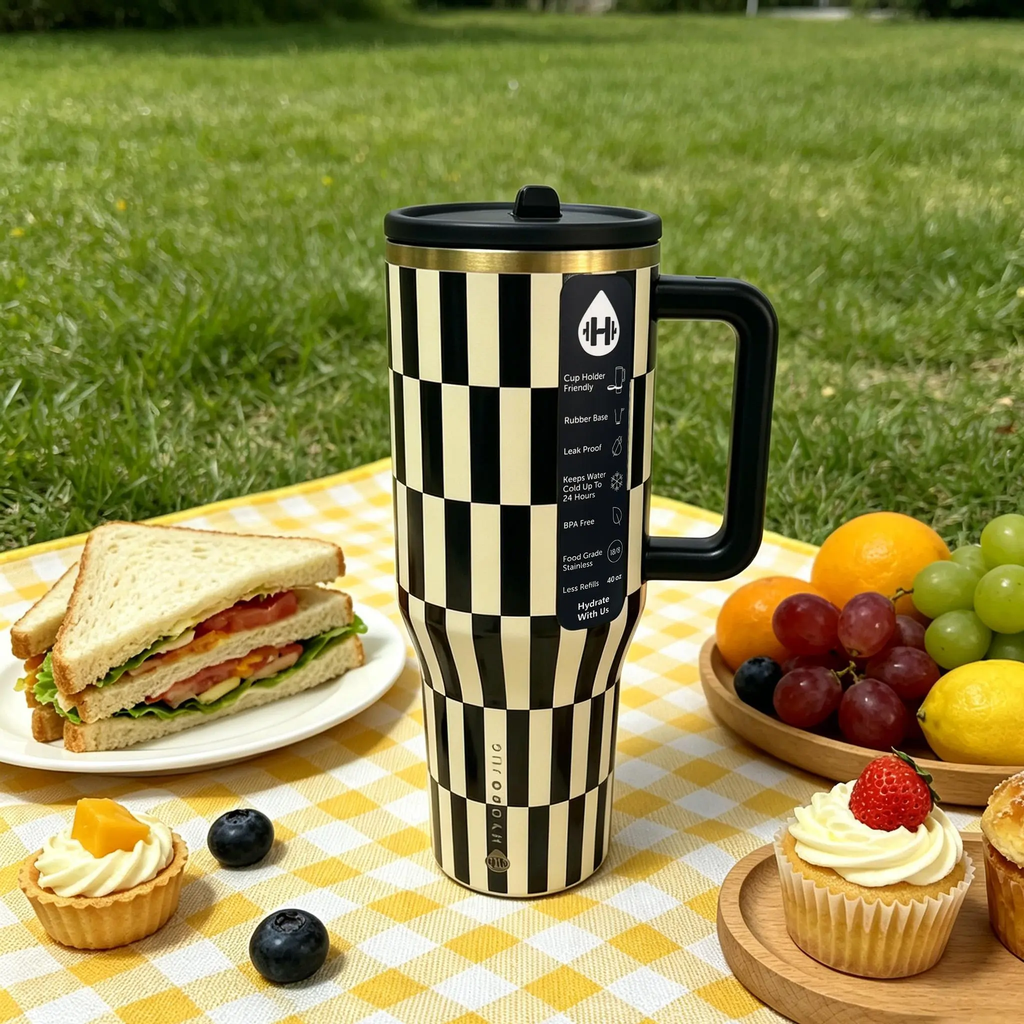 HydroJug Traveler 40oz Vacuum-Insulated Leakproof Tumbler with Straw - Black-and-White Checkered, Portable Large-Capacity Outdoor Drinkware for Adults, Camping