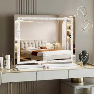 Vanity Mirror with Lights 31.5" x 22.8" Makeup Mirror with Crystal Light Strip and Hollywood Vanity Mirror wtih Smart Touch Control Dimmable Light Strip & 10X Magnification,White
